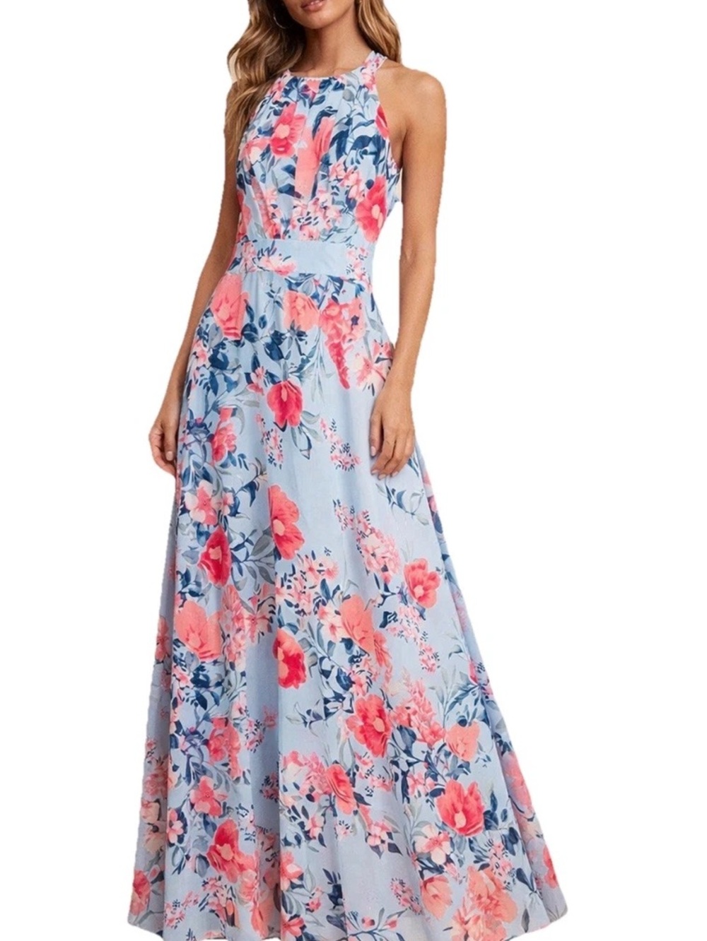 Eliza J Size 14 Floral Halter Maxi Dress in Coral, Light Blue & Navy - Picture 2 of 9